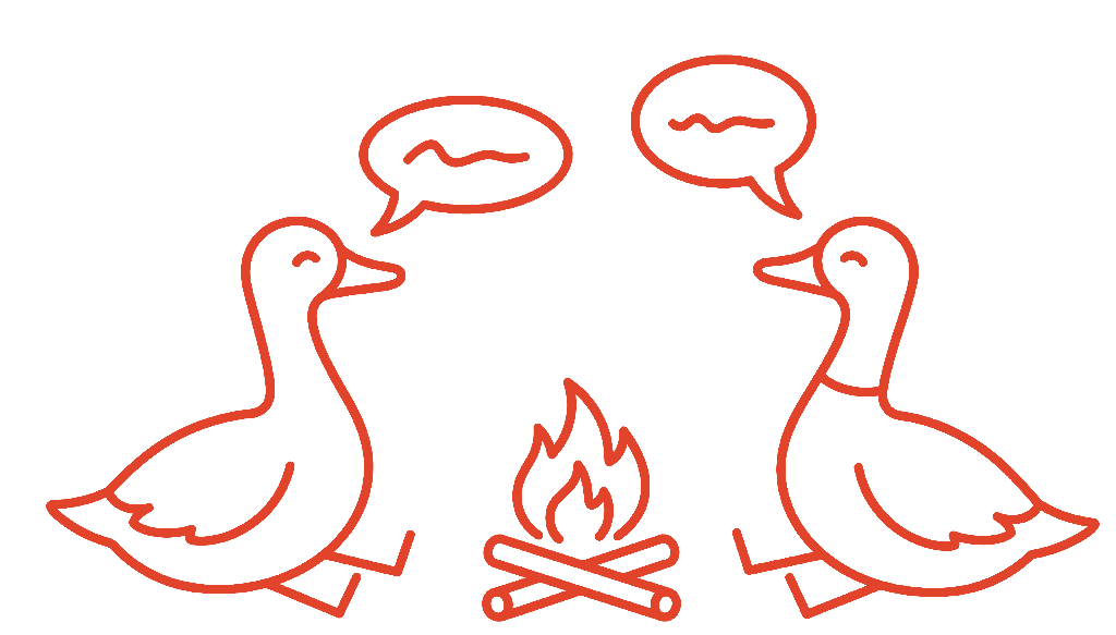 Two ducks talking by a campfire